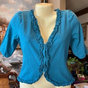 ROMY Teal Ruffled Crop Cardigan Sz L